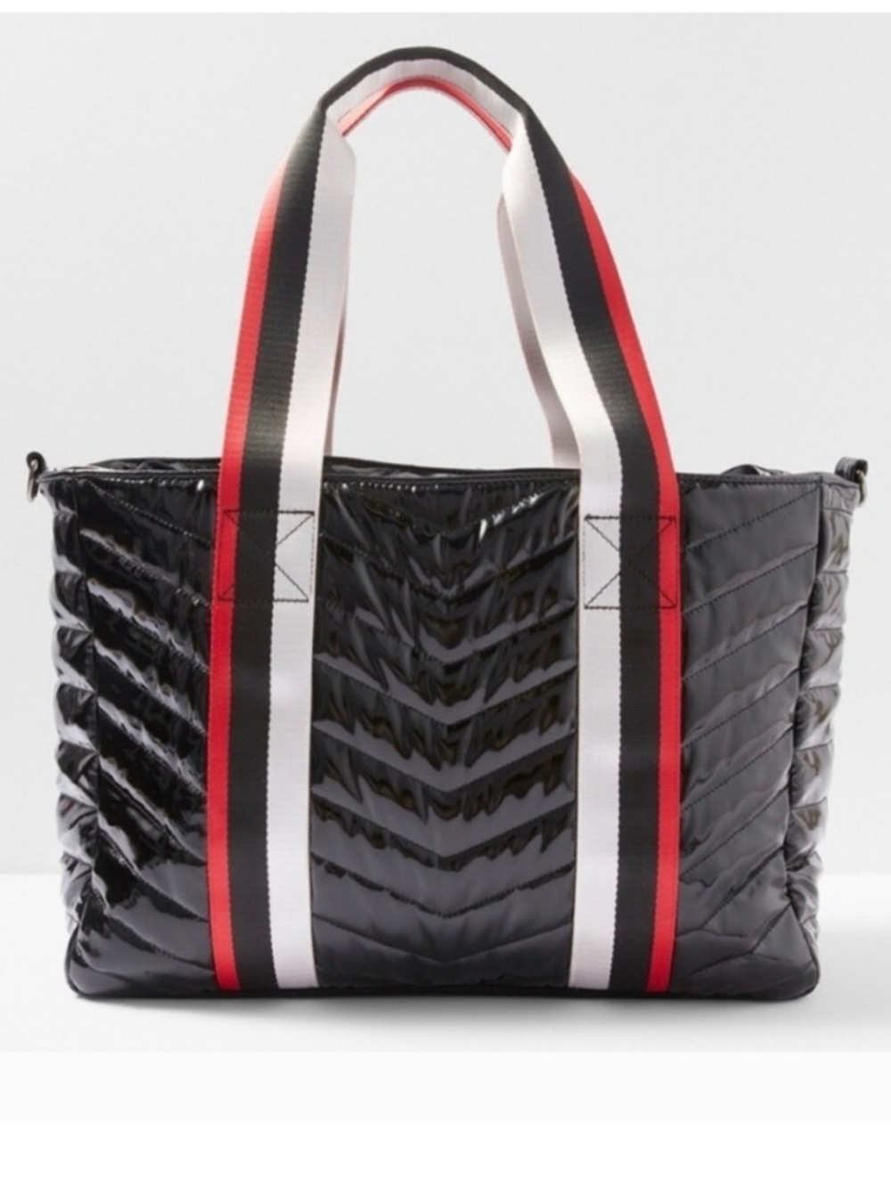 Think Royln Après Ski Tote | Black Gloss Chevron Puffer Red Stripe Sporty - EUC